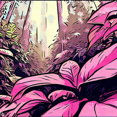 AI-generated surreal landscape of a lush pink jungle with ethereal light, inspired by the author's ketamine experience